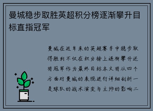 曼城稳步取胜英超积分榜逐渐攀升目标直指冠军