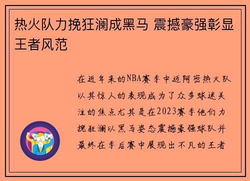 热火队力挽狂澜成黑马 震撼豪强彰显王者风范