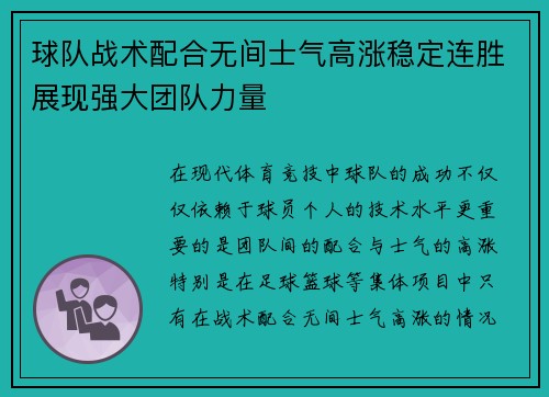 球队战术配合无间士气高涨稳定连胜展现强大团队力量