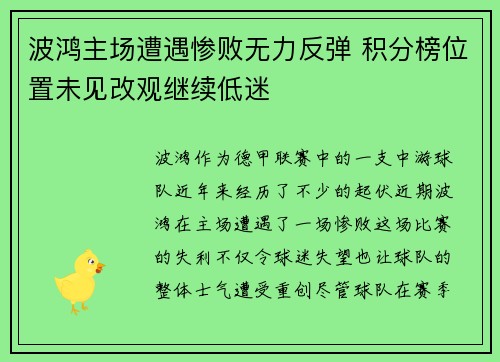 波鸿主场遭遇惨败无力反弹 积分榜位置未见改观继续低迷